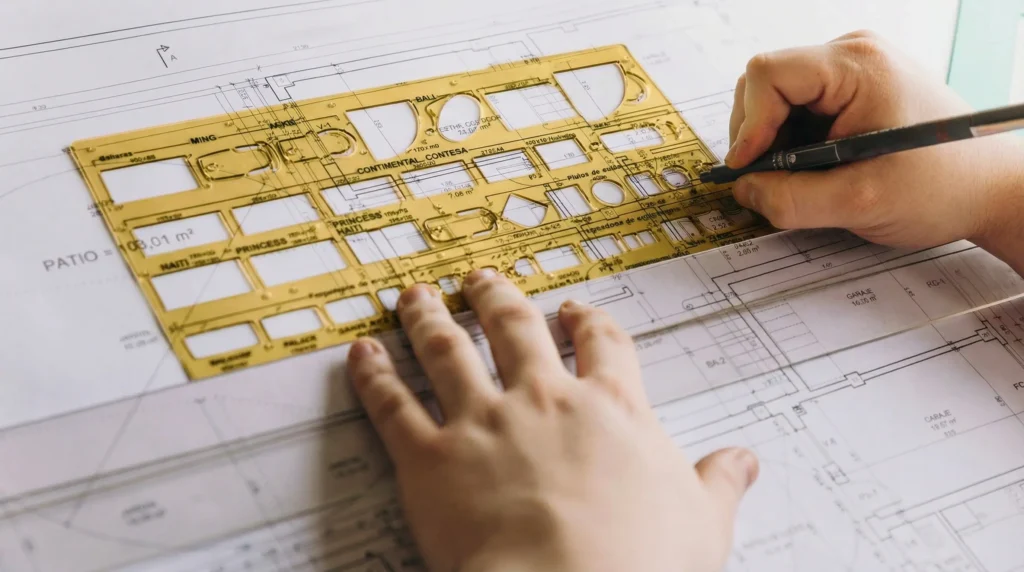 Hand tracing a floor plan with an architectural template ruler