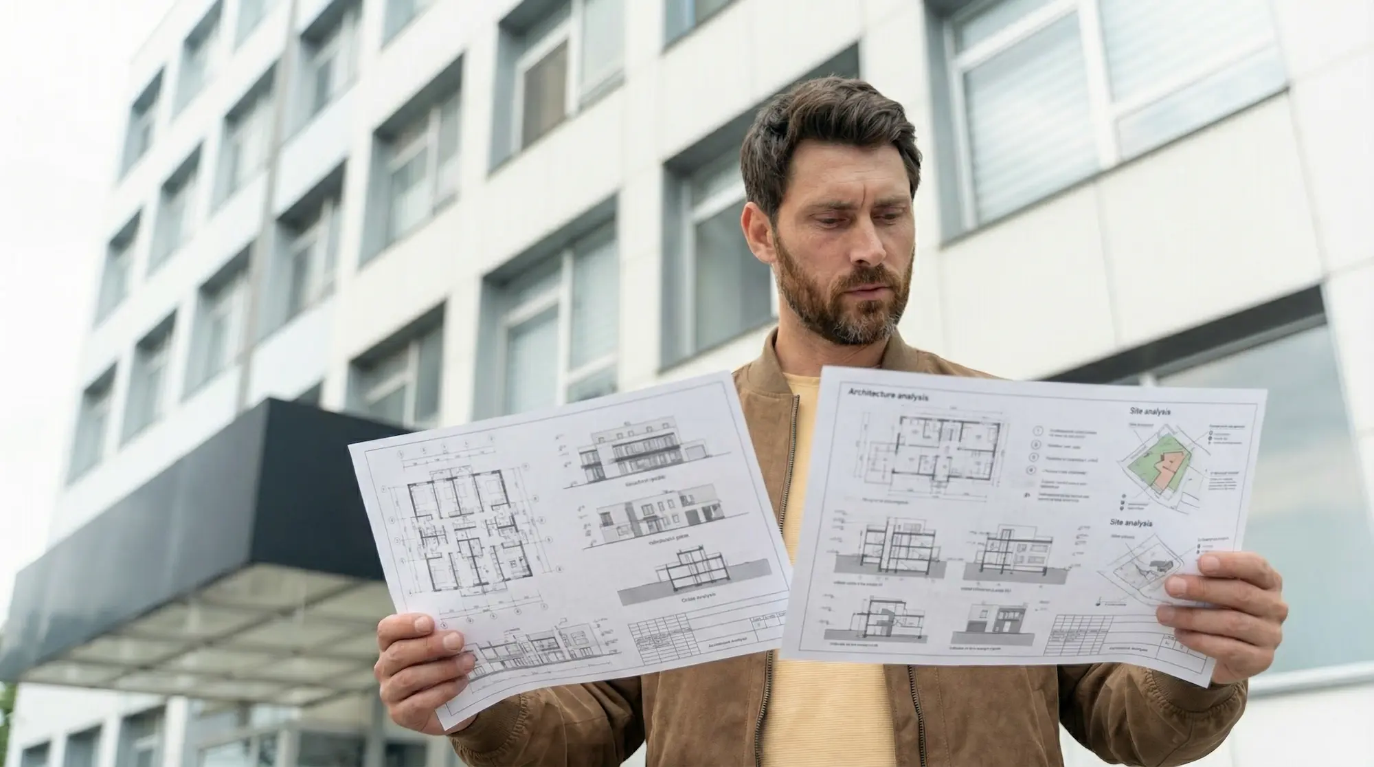 Architect standing outside a modern building while reviewing printed architectural drawings and site analysis plans.