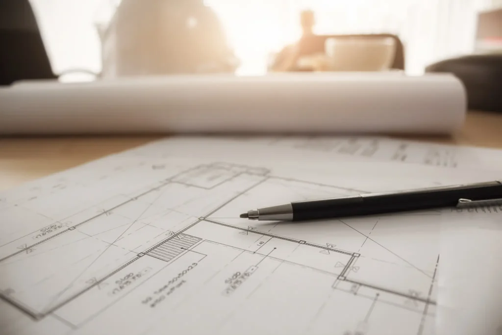 Close-up of an architectural floor plan on a desk with a pen resting on the drawing and rolled blueprints in the background, softly lit by natural light.