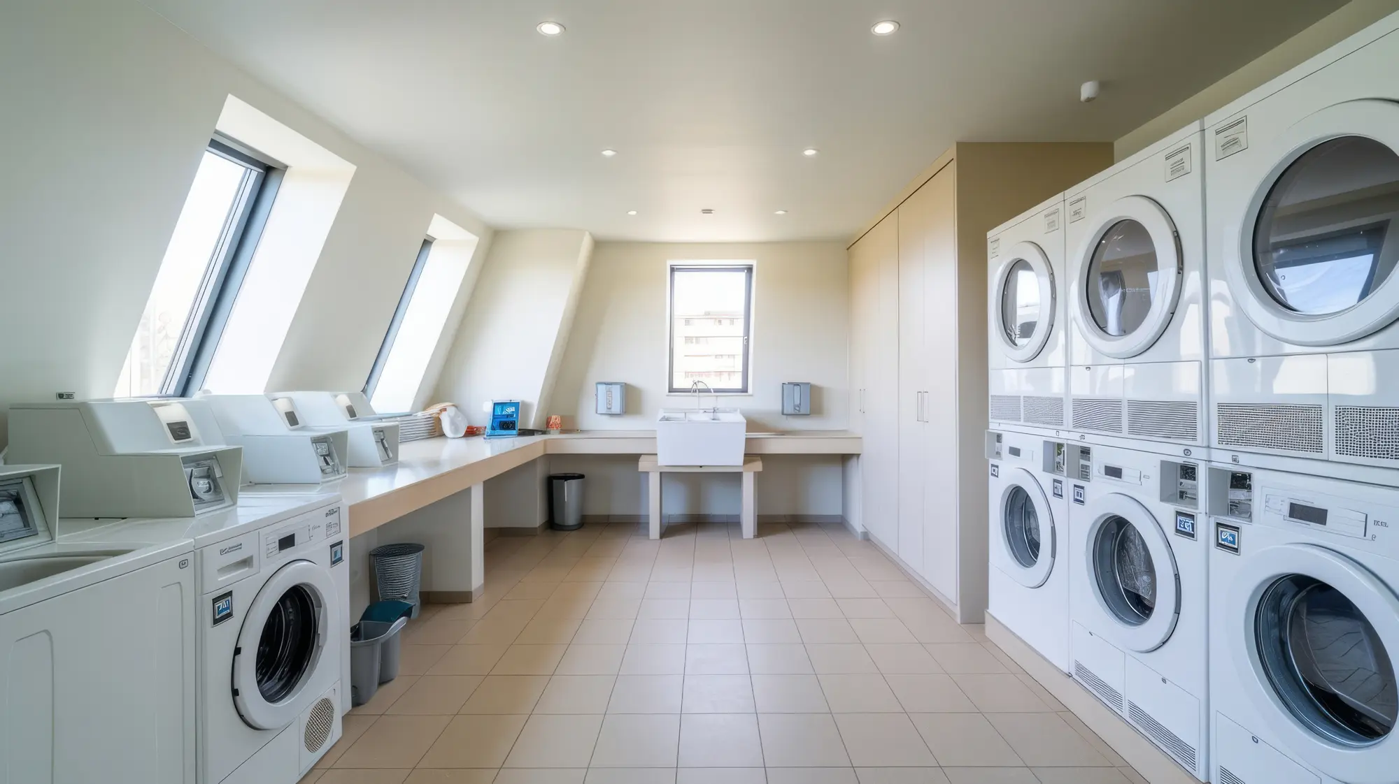 Bright shared laundry room with rows of white washing machines and stacked dryers under recessed ceiling lights.