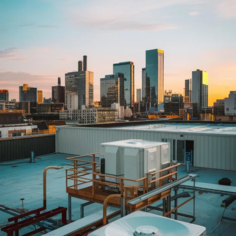 Rooftop with HVAC units and metal railings overlooking a modern city skyline at sunset with glass skyscrapers reflecting warm light.
