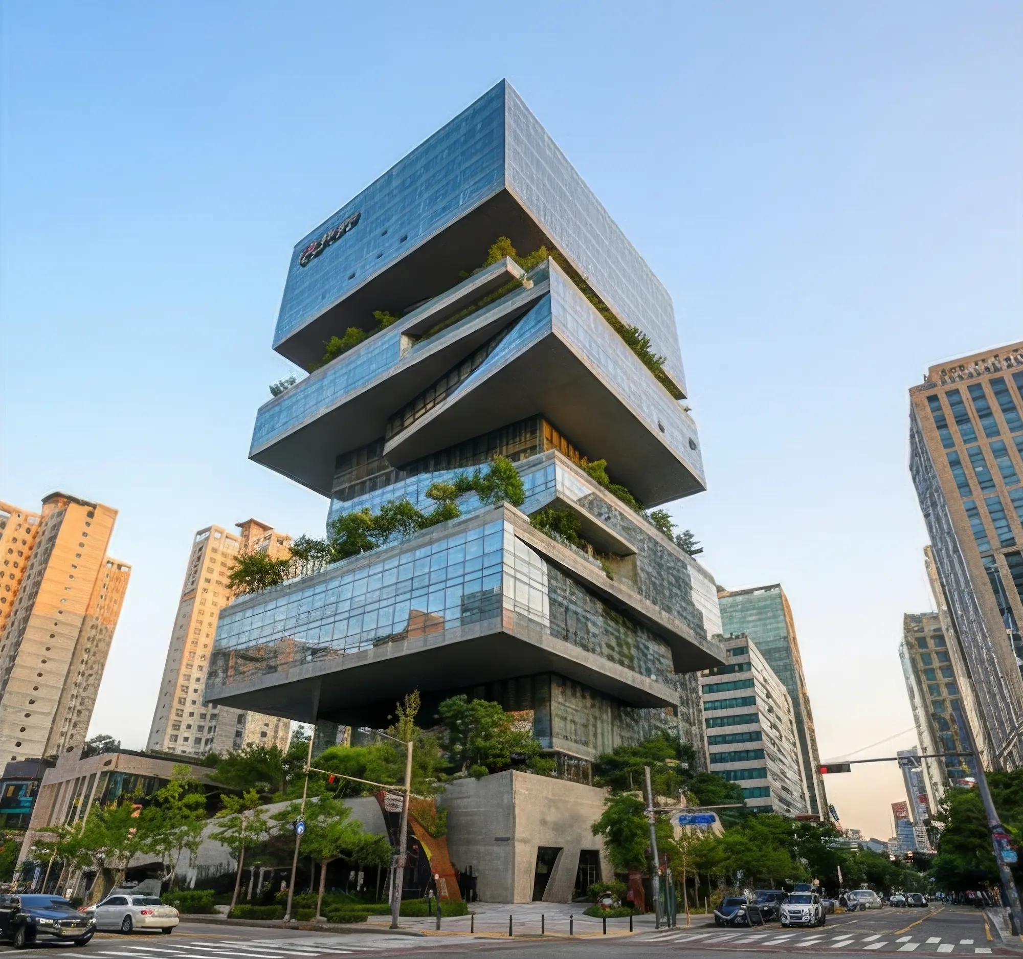 Striking contemporary building with stacked, offset glass volumes and terrace greenery, rising above a city street with surrounding high-rises.