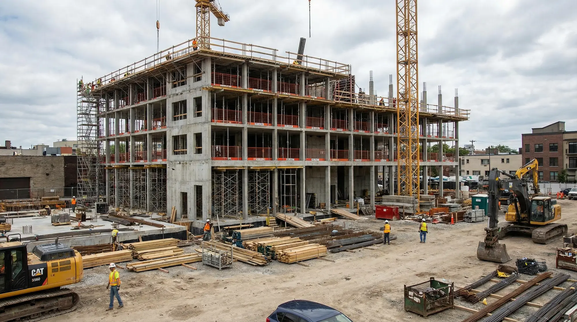 Large multi-story concrete building under construction with tower cranes, scaffolding, heavy machinery, and workers active on the site.