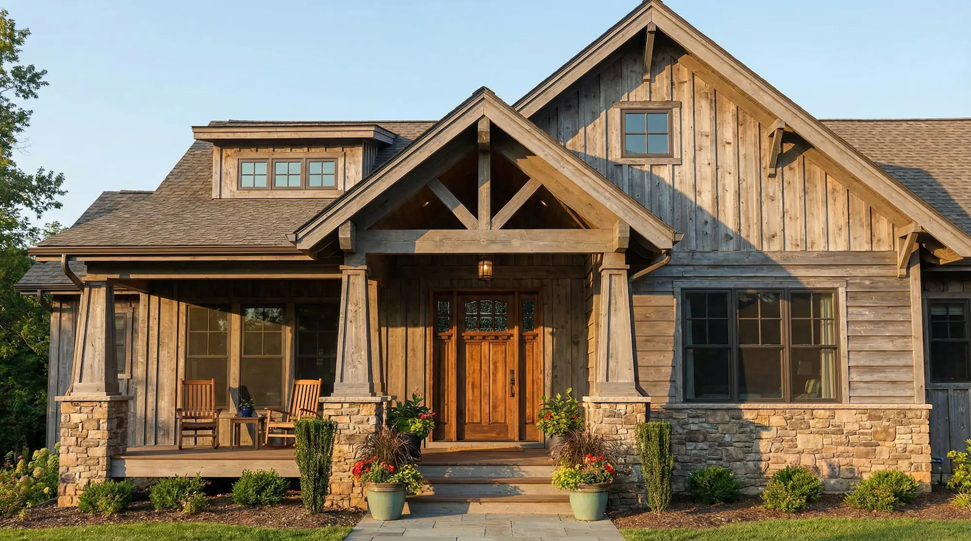 Rustic modern farmhouse with a wood-and-stone exterior, covered front porch, wooden front door, and landscaped garden in warm daylight.