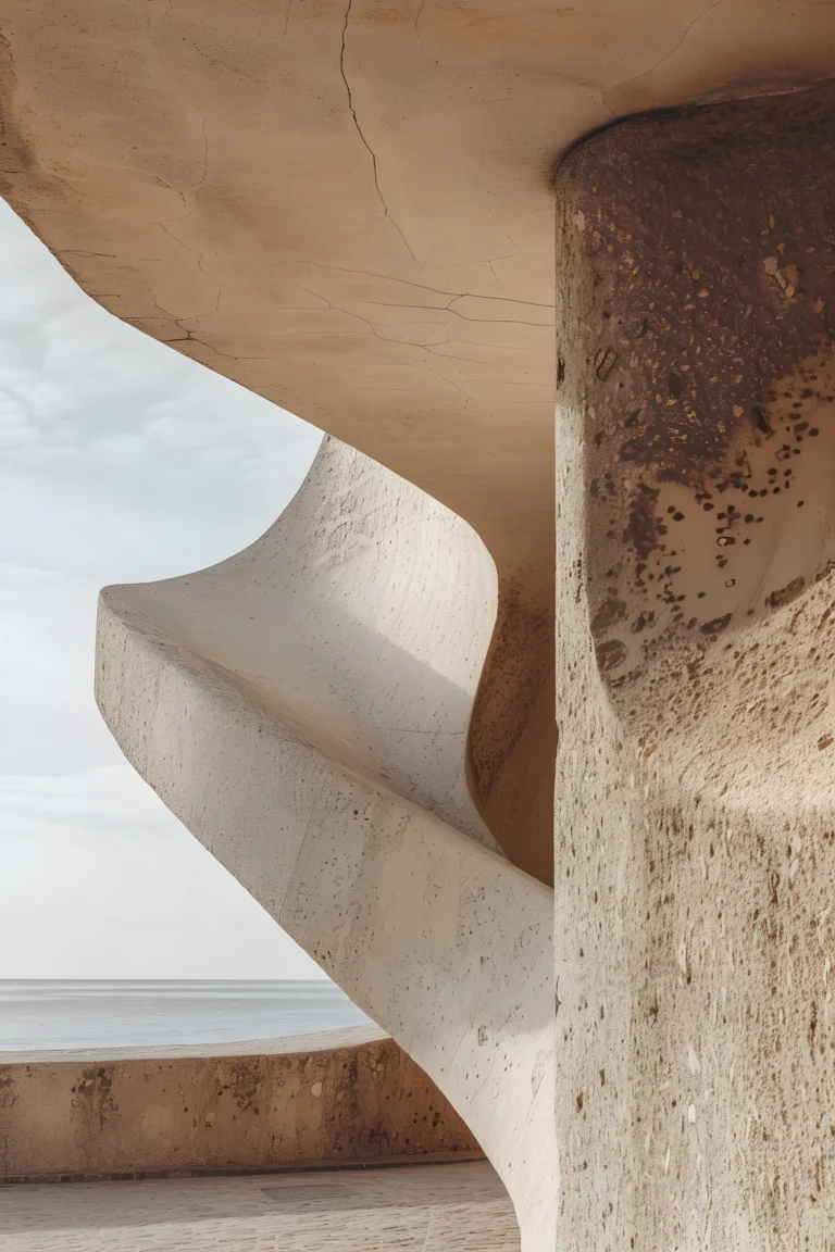 Sculptural concrete staircase with sweeping curves and weathered texture, framed against a pale sky and distant ocean horizon.