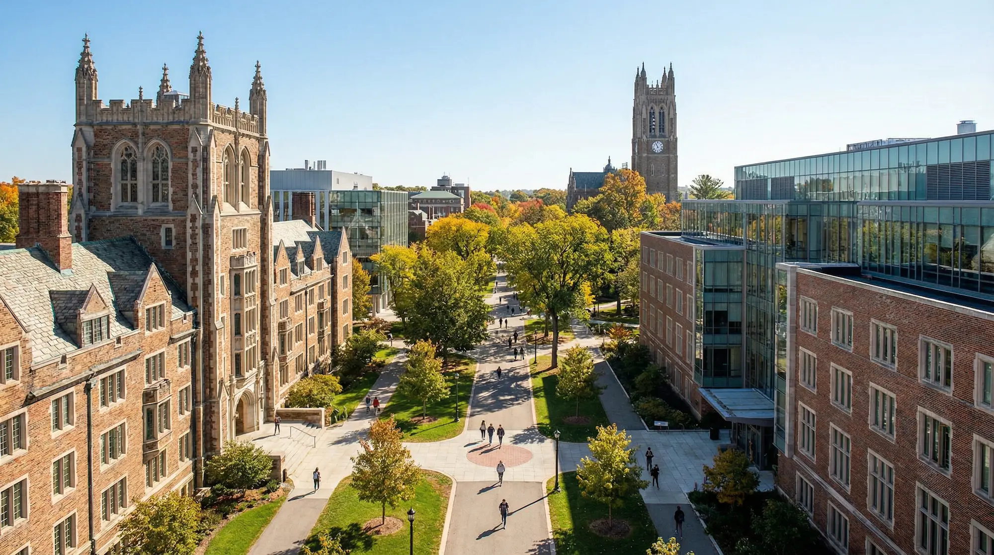 Wide view of a university campus with tree-lined walkways, students walking between historic stone buildings and modern glass academic buildings in autumn.